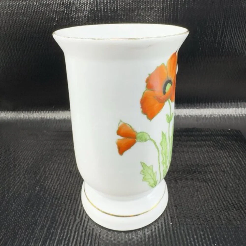 Vintage German‎ Fine Porcelain Pedestal Cup Mug Poppy Red Flower Pattern Set 2
